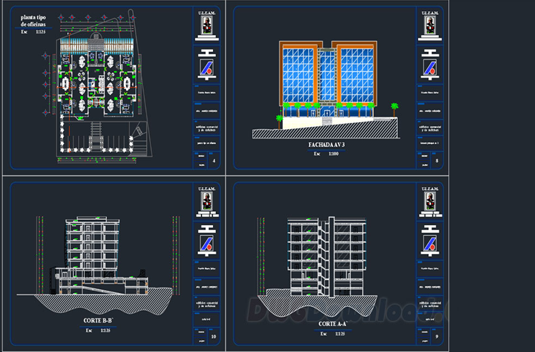 دانلود فایل اتوکد پروژه ساختمان اداری با پارکینگ طبقه اول DWG | 1st Parking and Office Building Project برای AutoCAD